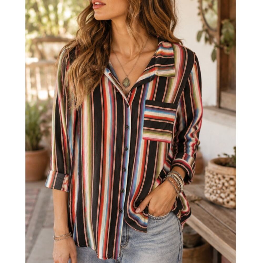 Savanna Jane Rayon Shirt Striped Embroidered Bull Motif Size M Boho Western